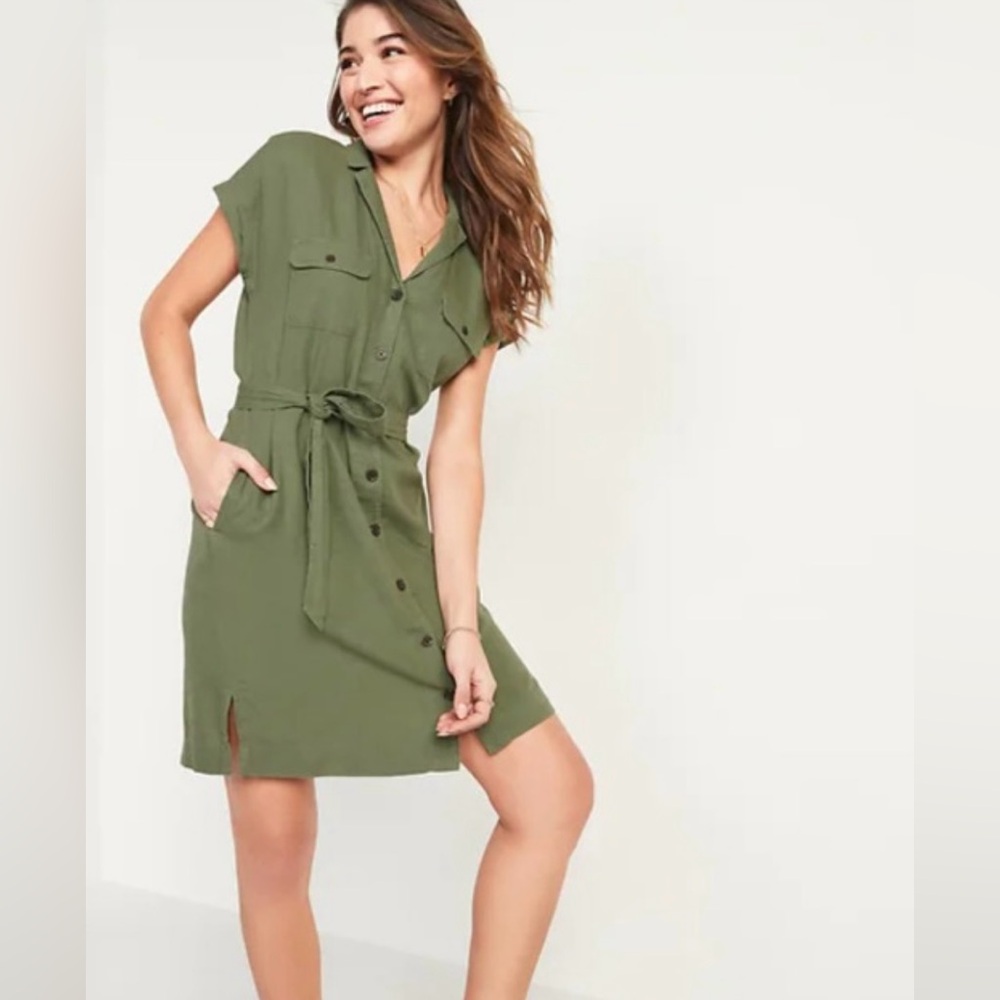 Old Navy Waist-Defined Linen-Blend Tie-Belt Shirt Dress, size S